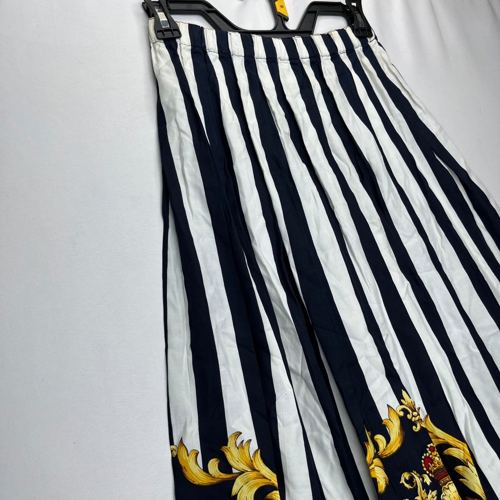 Talbots Skirt Petites Small Navy White Stripe Rayon Crest Pleated Midi Vintage - Picture 4 of 11